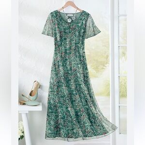 Coldwater Creek Meadow Charm Mesh Dress / Teal Floral Midi Dress